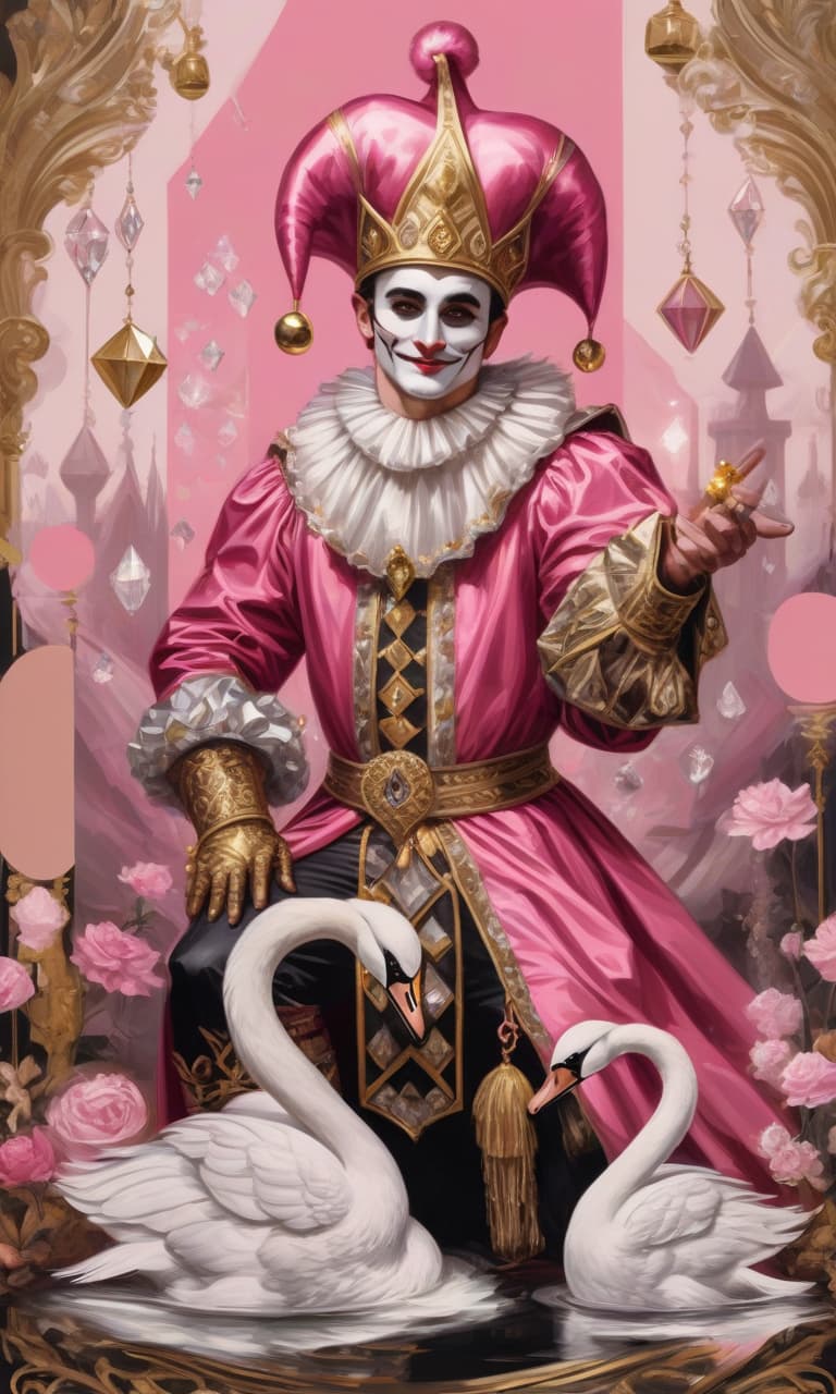  concept art tarot color pink, white, black, gold swans a man in the costume of a jester, a costume in a diamond cap with bells on it a lot of crystals . digital artwork, illustrative, painterly, matte painting, highly detailed, perfect hands