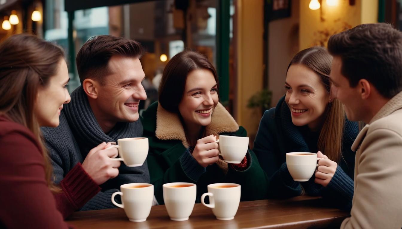  cinematic photo photographic image, autumn, friends: three 3 men aged 40 and 3 three women in a cozy cafe, they are cold, drinking hot mulled wine from cups, and talking, image detailing . 35mm photograph, film, bokeh, professional, 4k, highly detailed, perfect hands