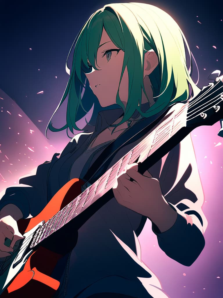  green hair,(((electric guitar playing:1.5)))