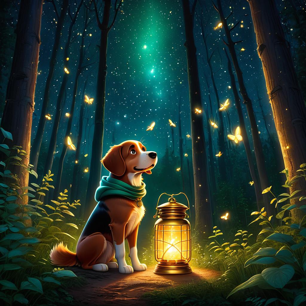  in 3d animated movie style. disney pixar style. jason, old in cozy hoodie and jeans, with short brown hair, smiling big. beside him, loyal dog, old in a bandana. magical forest at night, twinkling stars and warm glow from fireflies surround duo. tranquil, wonder filled atmosphere highlights jason dog bond. high resolution pixar 3d animation style. deep green forest with golden firefly glow, twinkling stars. top down view for whimsical, immersive scene of connection under starlit sky.