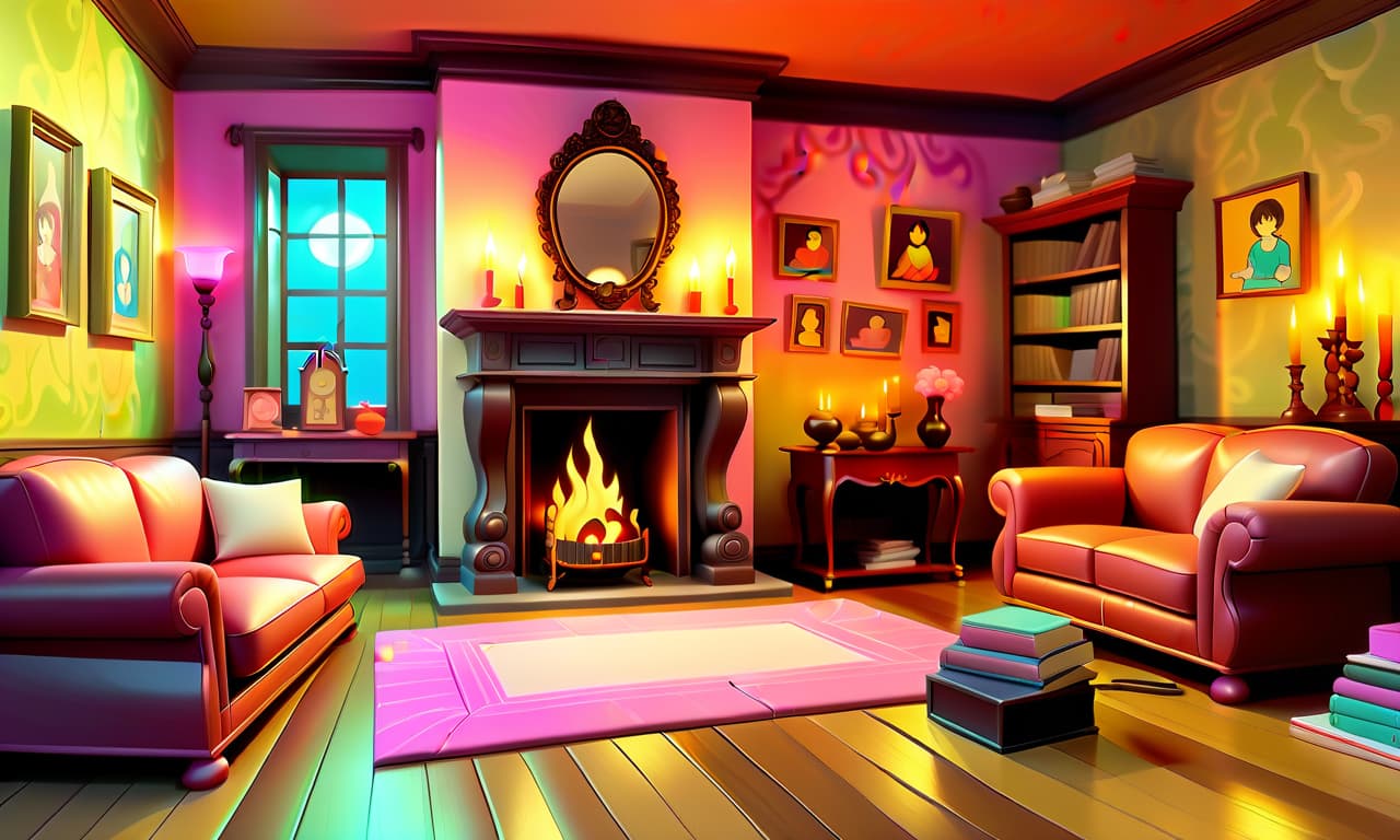  kawaii style furnished room, parquet floor, on the walls of the room painting, in the background fireplace, few candles illuminate the room, lighting at night . cute, adorable, brightly colored, cheerful, anime influence, highly detailed, on parchment, oil painting, glowneon