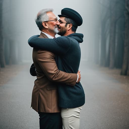   and old father hug each other Apply the Following Styles 3Drenderer hyperrealistic, full body, detailed clothing, highly detailed, cinematic lighting, stunningly beautiful, intricate, sharp focus, f/1. 8, 85mm, (centered image composition), (professionally color graded), ((bright soft diffused light)), volumetric fog, trending on instagram, trending on tumblr, HDR 4K, 8K