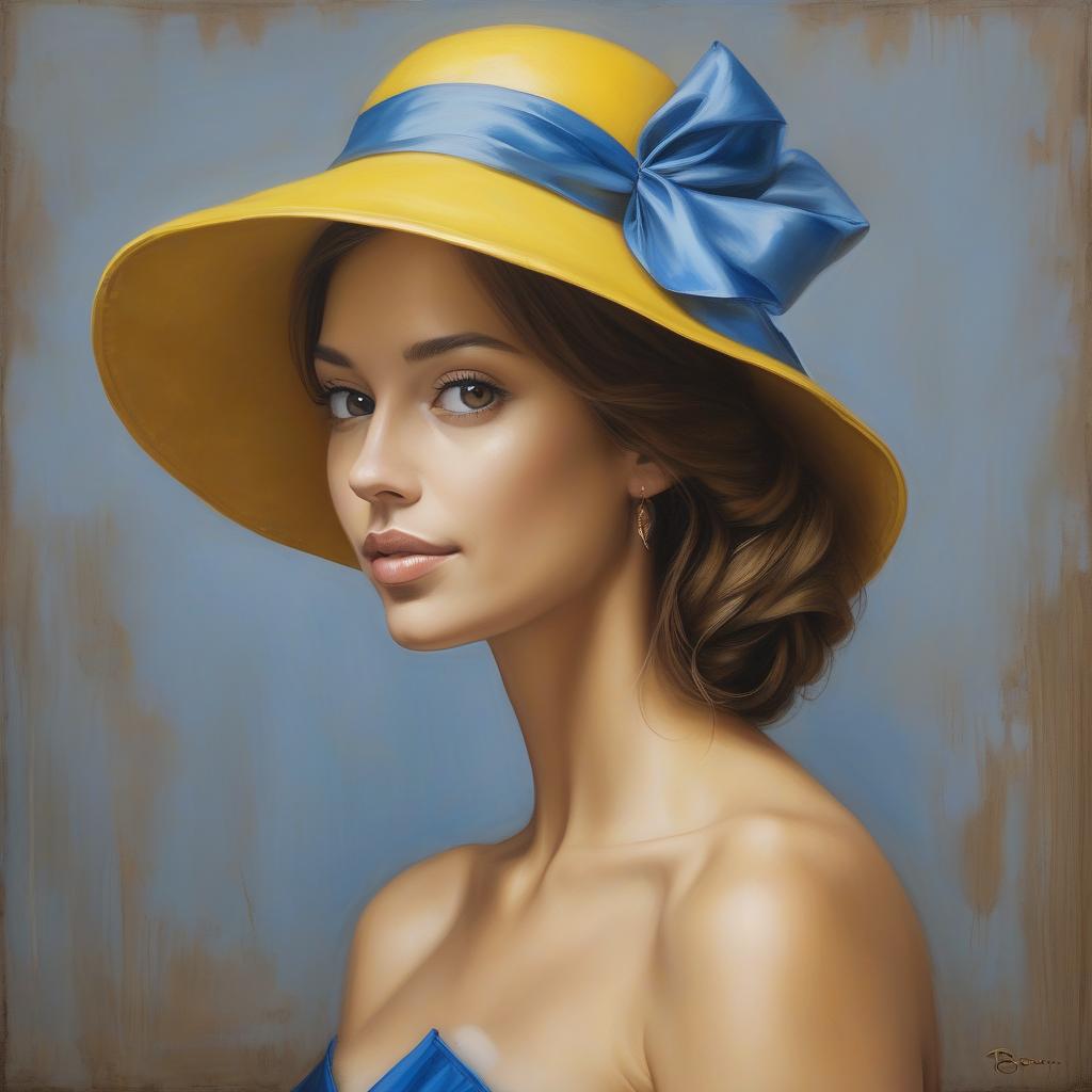  <mymodel> a painting of a woman with a yellow hat on her head and a blue dress on her body and a brown background, art brenner, figurative art, extremely detailed oil painting, a photorealistic painting