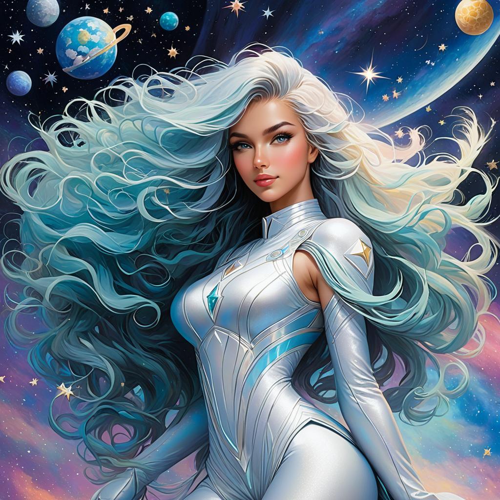  space goddess, long curly hair, space background, stars, goddess, lewd, award winning, professional, highly detailed, masterpiece