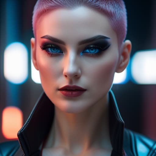  ultra realistic close up portrait ((beautiful pale cyberpunk female with heavy black eyeliner)), blue eyes, shaved side haircut, hyper detail, cinematic lighting, magic neon, dark red city, canon eos r3, nikon, f/1.4, iso 200, 1/160s, 8k, raw, unedited, symmetrical balance, in frame, 8k hyperrealistic, full body, detailed clothing, highly detailed, cinematic lighting, stunningly beautiful, intricate, sharp focus, f/1. 8, 85mm, (centered image composition), (professionally color graded), ((bright soft diffused light)), volumetric fog, trending on instagram, trending on tumblr, HDR 4K, 8K