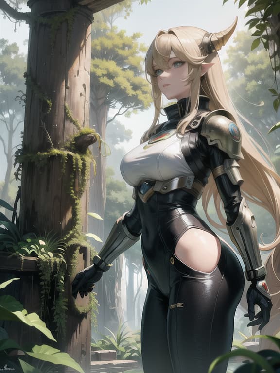  master piece, best quality, ultra detailed, highres, 4k.8k, blonde, armored heroine., exploring an alien planet,, confident and focused., break adventurous journey of a bounty hunter., exotic jungle ruins., ancient relics, lush vegetation, futuristic weapons, break mysterious and otherworldly., subtle shimmering light, hint of danger in the air.,