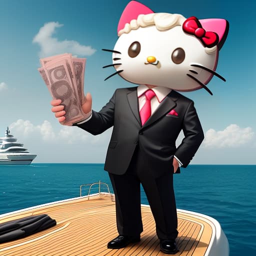  hello kitty dressed as a businessman who has a bundle of money in one hand and a cigar in the other, the whole composition on a yacht at sea