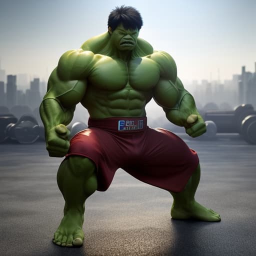  (Hulk lifting weights), photorealistic, highly detailed, 4k, high quality hyperrealistic, full body, detailed clothing, highly detailed, cinematic lighting, stunningly beautiful, intricate, sharp focus, f/1. 8, 85mm, (centered image composition), (professionally color graded), ((bright soft diffused light)), volumetric fog, trending on instagram, trending on tumblr, HDR 4K, 8K