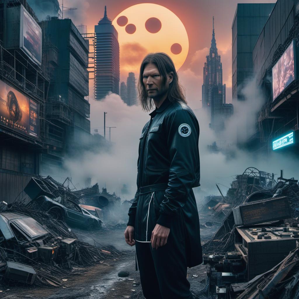  an epic album cover, splicor and aphex twin with a dystopian feel., ((anime)) hyperrealistic, full body, detailed clothing, highly detailed, cinematic lighting, stunningly beautiful, intricate, sharp focus, f/1. 8, 85mm, (centered image composition), (professionally color graded), ((bright soft diffused light)), volumetric fog, trending on instagram, trending on tumblr, HDR 4K, 8K