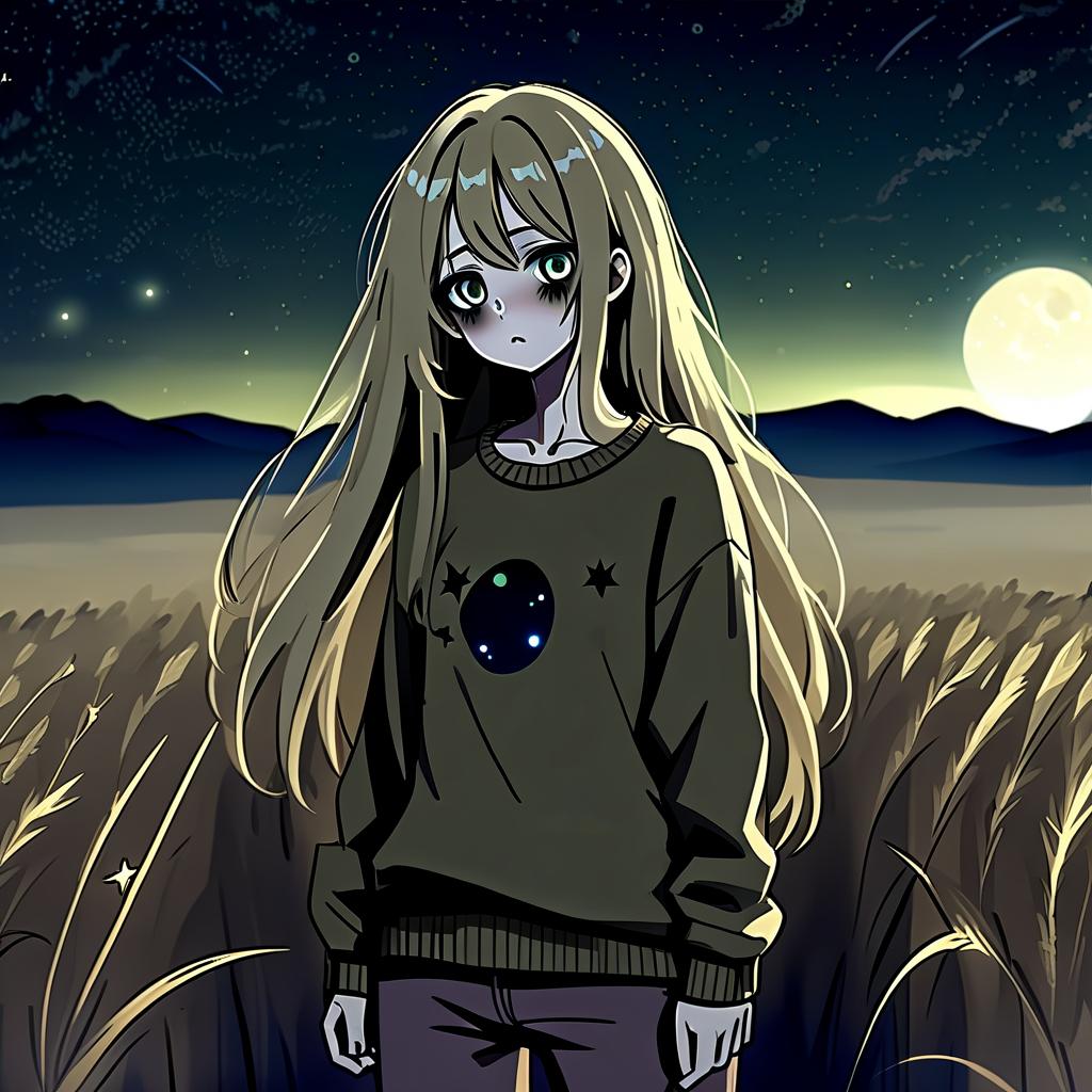  dystopian style a girl in anime style with long hair stands in the middle of the field at night wearing a khaki sweater and pants. the girl looks at the starry sky at night with black lower eyelids under the eyes of a specific color full of fear of the unknown and curiosity. she pulls her hand up towards the night sky. . bleak, post apocalyptic, somber, dramatic, highly detailed