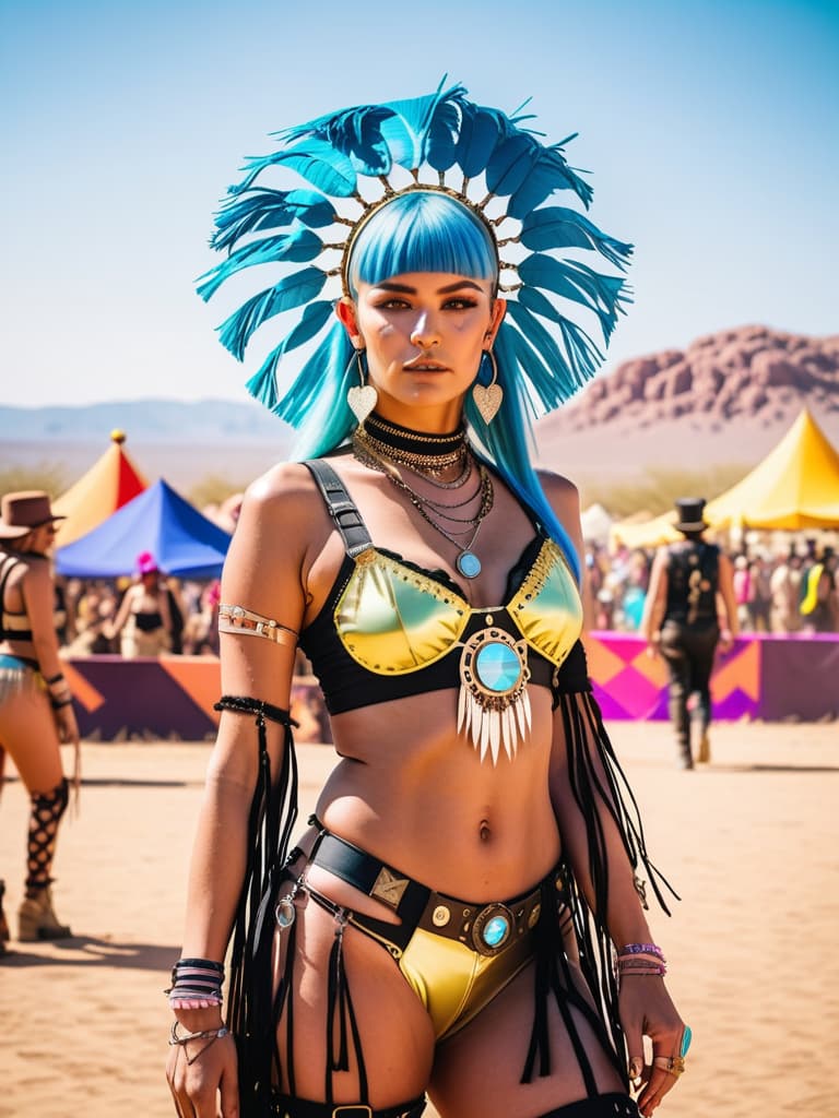  A medium, photo of a female influencer on the desert festival, dressed in a revealing rave outfit, decorated with fringe, bright outfit, steampunk style, daytime, desert background, sharp focus, cinematic, hd