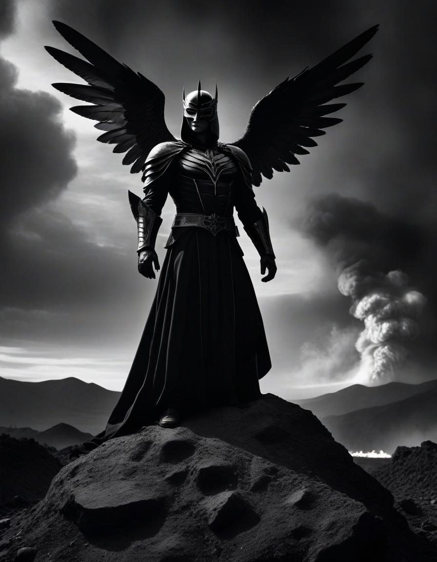  film noir style lucifer knelt, burnt wings, with white skin, in black armor, in a black crown, with black obsidian eyes, looks up, cries fire, fiery tears, stands on a rock, around the wasteland, looks into the fiery sky. . monochrome, high contrast, dramatic shadows, 1940s style, mysterious, cinematic