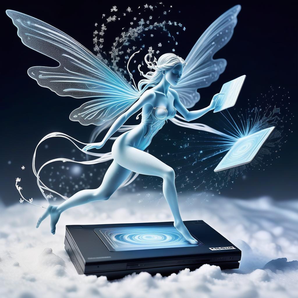  line art drawing highly detailed translucent snow fairy with wings of snow (holding a computer video card:1.3), blizzard appear from the pages of a fairy tale book, translucent snow blizzard magic snow fairy reaching out of a 3d sculptured book; the souls escaping from book, motion blur action side profile shot of spirit tepping out of book, astrodimensional iridescent spirit of the light, disintegrating into starlight and holographic particulate trails of wispy snow by alberto seveso by giger liquid snow effects in wind :: wind blowing left 3d shading; pulsing with an inner light; clear and sparkling, smooth, flowing, shimmer; 16k resolution, hyperdetailed, intricate beautiful details . professional, sleek, modern, minimalist, graphic, lin