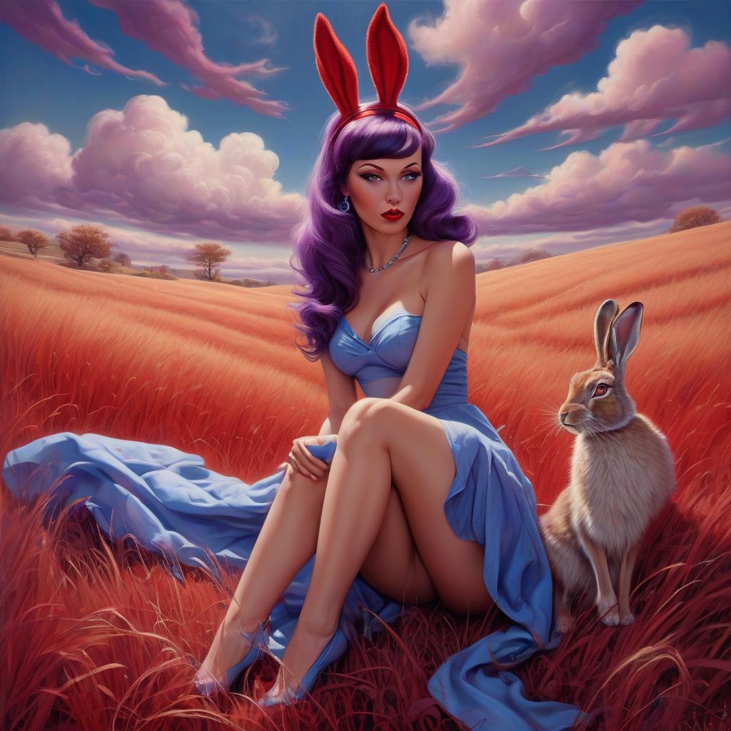  pin up, blue sun, purple clouds, red grass, red hare, surrealism, fantasy