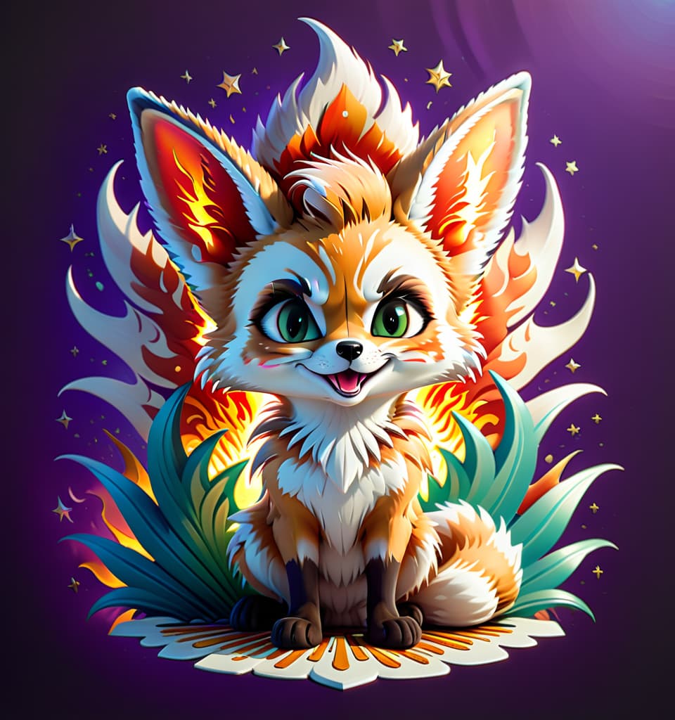  (sticker:1.6). (digital art, art:1.3). (creative character: funny cute fennec fox cub girl with hair of delicate silver green color with a metallic sheen, with perky bangs expresses delight:1.4). sharp ears, a funny, good natured face, a perky smile, an upturned nose, a spark of laughter in his eyes. attractive appearance, fashionable youth clothes. (background: curved rays of the sun in the form of flames, slavic style, harmoniously:1.5). (text, inscription, emblem, large letters: "war":1.8). bright colors, clear, sharp strokes, sweeping strokes. modern lighting. emotionally. 3d illustration, psychedelic illustration in the style of artist chris dyer, inspired by tracy lee shtum, julian beaver. (cartoon style. hdr:1.3)., t shirt design, s