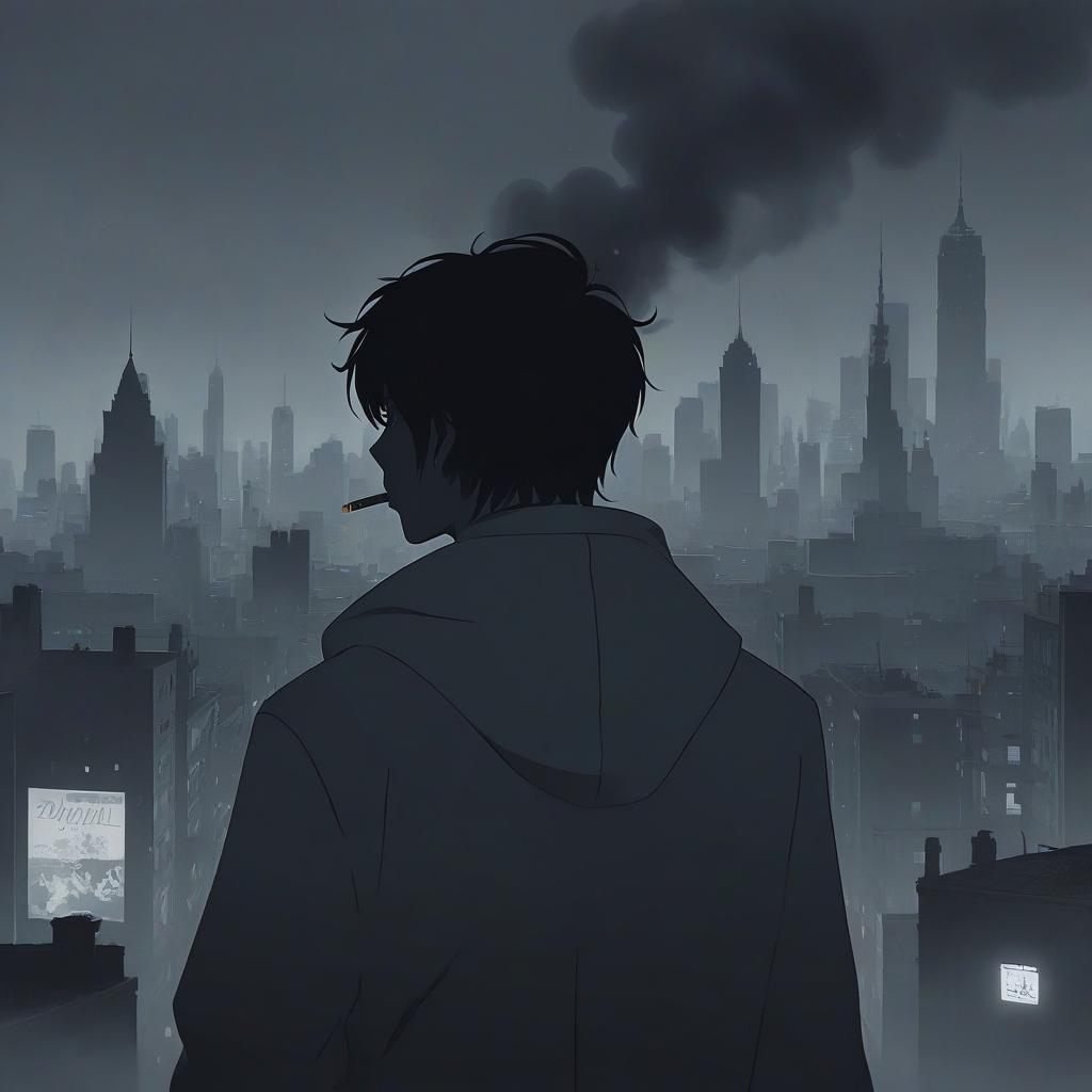  anime artwork cover for a song in retro style, against the background of a gray city, gray tones, dark tones, one silhouette of a smoking person who does not see a face, a person far from the main exhibition, looks into the distance, stands with his back in the hood . anime style, key visual, vibrant, studio anime, highly detailed