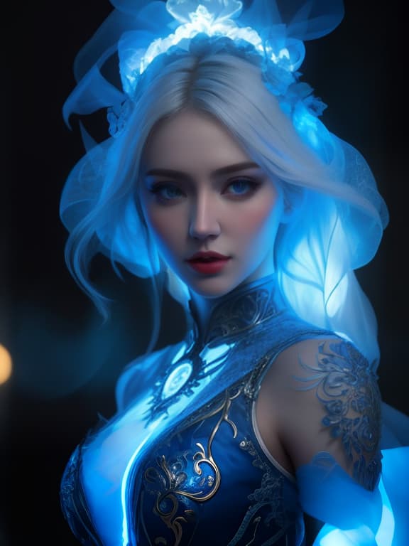  the spirit of the blue light is a girl hyperrealistic, full body, detailed clothing, highly detailed, cinematic lighting, stunningly beautiful, intricate, sharp focus, f/1. 8, 85mm, (centered image composition), (professionally color graded), ((bright soft diffused light)), volumetric fog, trending on instagram, trending on tumblr, HDR 4K, 8K