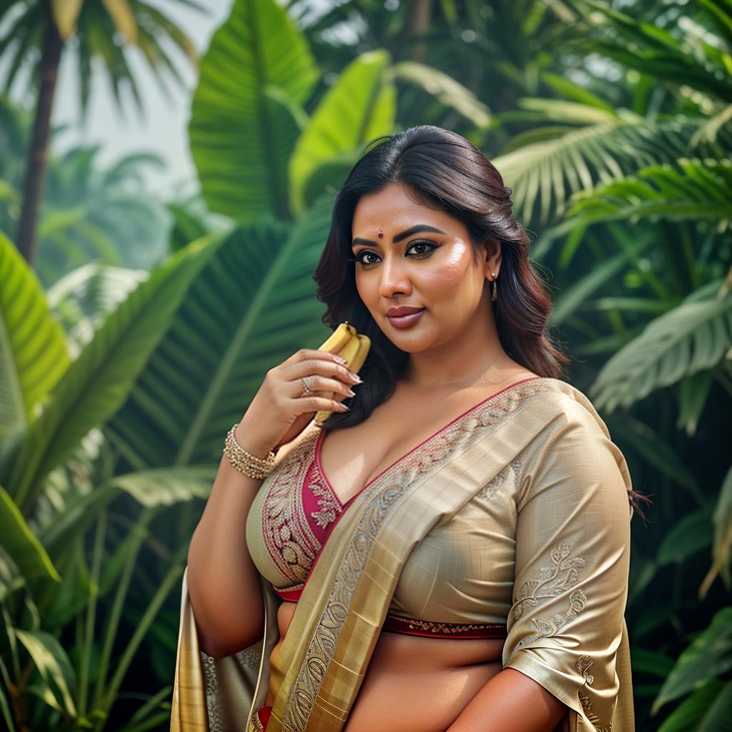  A Huge chubby Woman holding  Banana in Hand, Saree and pallu, Clean face, Banana Trees, No saturation, low vibrant, portrait hyperrealistic, full body, detailed clothing, highly detailed, cinematic lighting, stunningly beautiful, intricate, sharp focus, f/1. 8, 85mm, (centered image composition), (professionally color graded), ((bright soft diffused light)), volumetric fog, trending on instagram, trending on tumblr, HDR 4K, 8K