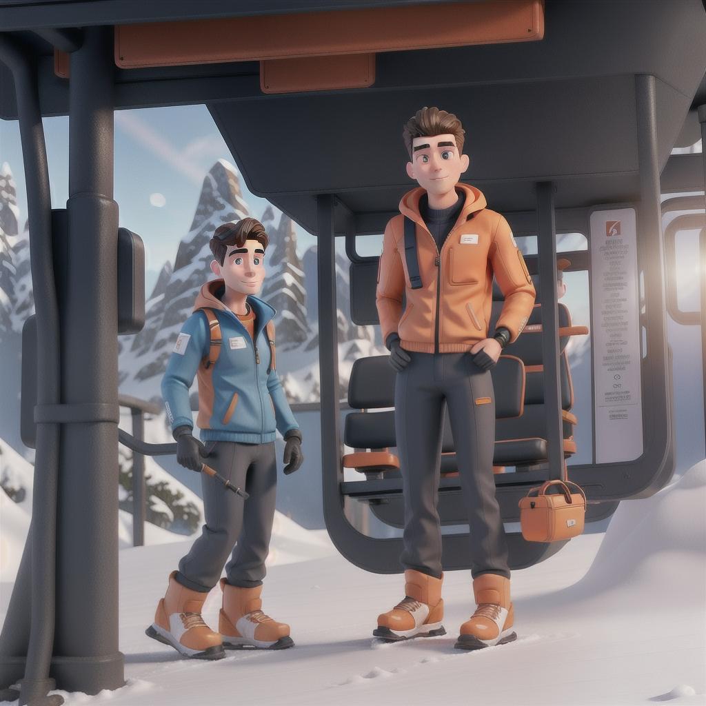  a man in an orange ski suit on a chairlift hyperrealistic, full body, detailed clothing, highly detailed, cinematic lighting, stunningly beautiful, intricate, sharp focus, f/1. 8, 85mm, (centered image composition), (professionally color graded), ((bright soft diffused light)), volumetric fog, trending on instagram, trending on tumblr, HDR 4K, 8K