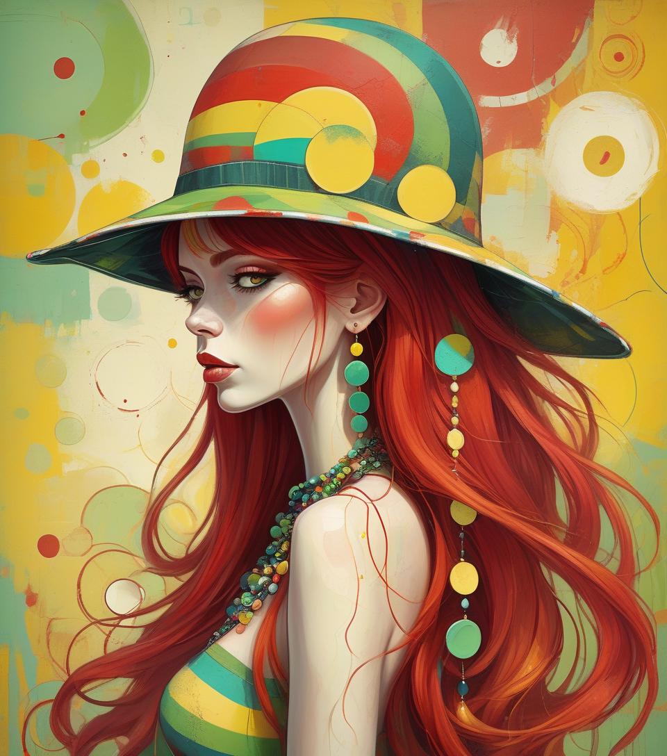  grunge style oil painting, beautiful lady in abstract style, long red hair, white bizarre hat with colorful circles, multicolored necklaces, earrings, yellow striped green background abstract vector fractal, wave function, zentangle, 3d shading . textured, distressed, vintage, edgy, punk rock vibe, dirty, noisy