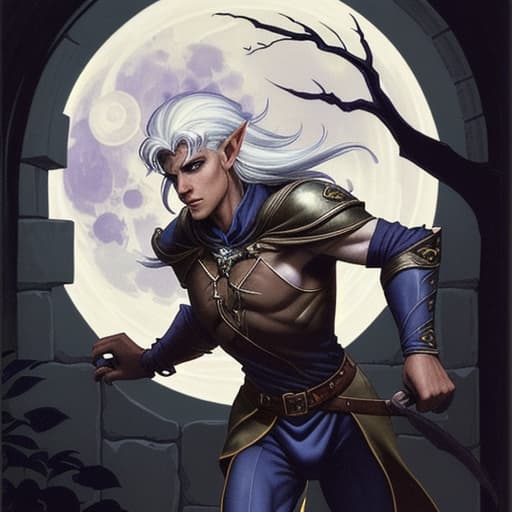  80's fantasy art, A skilled half-elf thief with brown skin, amber eyes, and white hair, stealthily making his way into a grand mansion at night. The mansion is surrounded by guards and high walls. The night sky is clear, with a bright moon casting shadows through the trees. The thief moves gracefully and silently, blending into the shadows as he approaches an open window during a gap in the guard patrol.