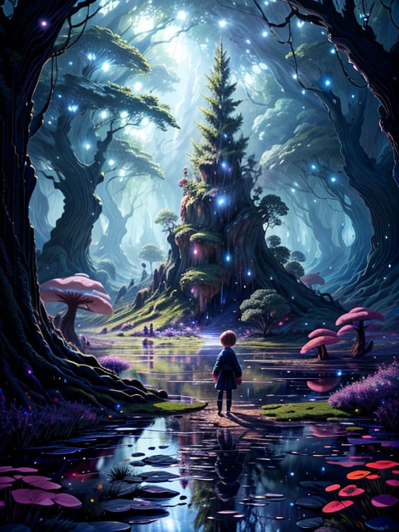  master piece, best quality, ultra detailed, highres, 4k.8k, Young , Crouching, exploring, enjoying the rain, Innocent and joyful, BREAK ren playing in the rain., Enchanted forest, Trees, flowers, puddles, mushrooms, BREAK Serene and magical, Glistening, surroundings, night sky