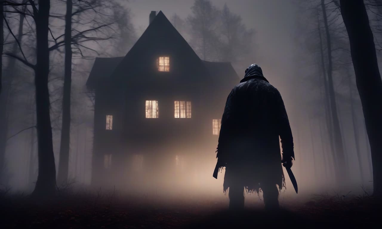  horror themed rear view. jason voorhees approaching a forest house, with forest and dense fog in the background . eerie, unsettling, dark, spooky, suspenseful, grim, highly detailed