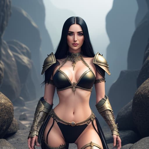  full length portrait of a beautiful sorceress with long black hair wearing metallic mesh bikini armour and chained by her wrists and ankles, kneeling defiantly in an undergrounds cavern hewn from solid rock. fantasy character in the style of boris vallejo. good skin, clear eyes, smart hair, soft focus, depth of field, 8k photo, hdr, professional lighting, taken with canon eos r5, 75mm lens, high angle shot hyperrealistic, full body, detailed clothing, highly detailed, cinematic lighting, stunningly beautiful, intricate, sharp focus, f/1. 8, 85mm, (centered image composition), (professionally color graded), ((bright soft diffused light)), volumetric fog, trending on instagram, trending on tumblr, HDR 4K, 8K