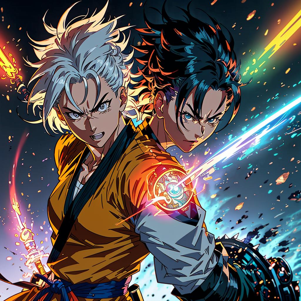  a warrior with spiky hair and a martial arts gi, in the energetic and exaggerated style of akira toriyama, with vibrant colors and dynamic action lines.close up of the face like a character card hyperrealistic, full body, detailed clothing, highly detailed, cinematic lighting, stunningly beautiful, intricate, sharp focus, f/1. 8, 85mm, (centered image composition), (professionally color graded), ((bright soft diffused light)), volumetric fog, trending on instagram, trending on tumblr, HDR 4K, 8K