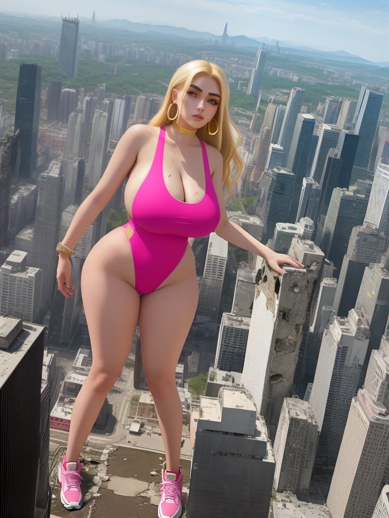  masterpiece, best quality, a giantess with arched eyebrows and a smirk, wearing a hot pink solid color one piece with high cut legs and side , stands among the destruction of a city. her huge s and wide hips contrast with her sneakers, hoop earrings, and long blonde hair. the cracks on the ground emphasize her mive size as she looks down at the crushed buildings below. the aerial view captures the full body of the in 8k resolution, creating a best quality masterpiece of destruction and power. (photography, dramatic lighting, high resolution camera settings)