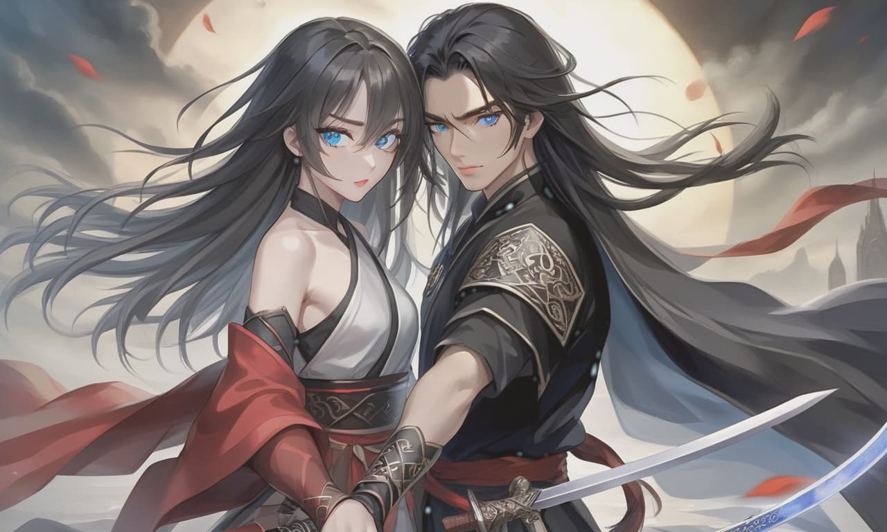  breathtaking realistic photo, two people, a character from the novel “system save yourself for the main hero”, lo binghe, a young man in black with an unassuming long sword behind his back. long black hair to the waist, red eyes, demonic mark on the forehead, next to him a girl blonde, blonde hair to the shoulder blades, european type of face, light skin, blue eyes, plump lips, a small tummy at the bottom of the waist, . award winning, professional, highly detailed, hkmagic