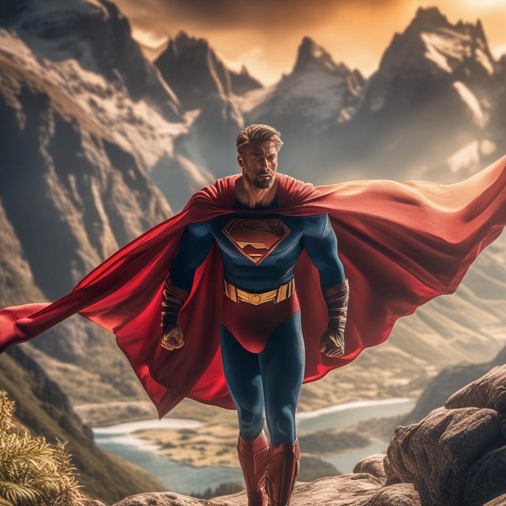  a superhero in a mountain range highly detailed, cinematic lighting, stunningly beautiful, intricate, sharp focus, (centered image composition), (professionally colour graded), ((bright soft diffused light)), hdr 4k, 8k