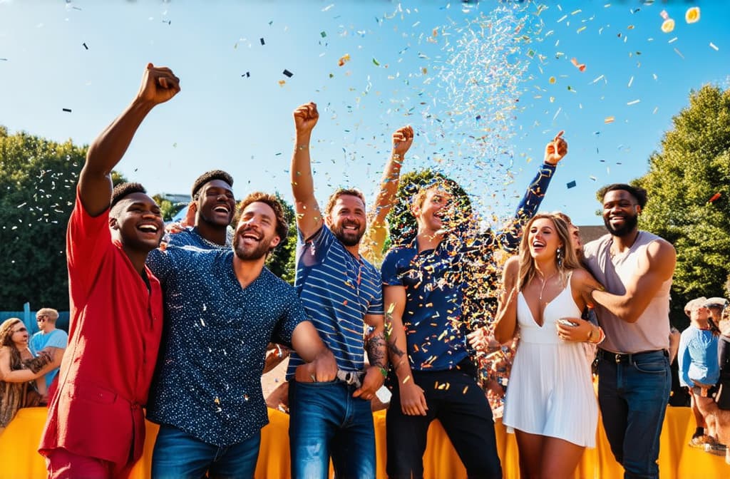  professional detailed photography, group of friends having fun at summer party throwing confetti in the air, young multiracial hipsters having fun on weekend outdoors ar 3:2, (muted colors, dim colors, soothing tones), (vsco:0.3)