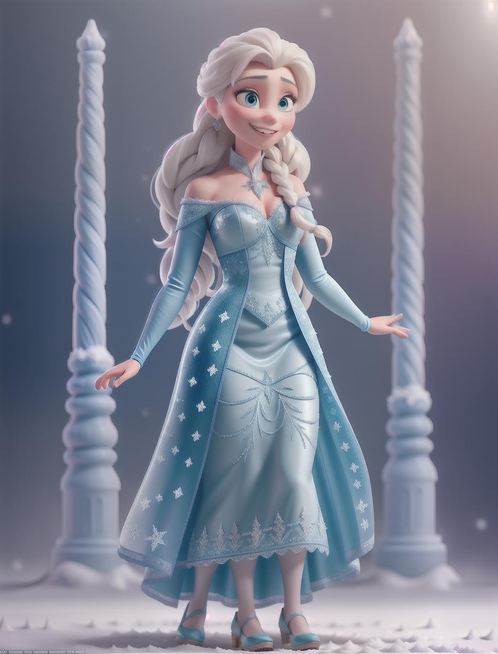  Elsa from Frozen big smile, in snow castle hyperrealistic, full body, detailed clothing, highly detailed, cinematic lighting, stunningly beautiful, intricate, sharp focus, f/1. 8, 85mm, (centered image composition), (professionally color graded), ((bright soft diffused light)), volumetric fog, trending on instagram, trending on tumblr, HDR 4K, 8K