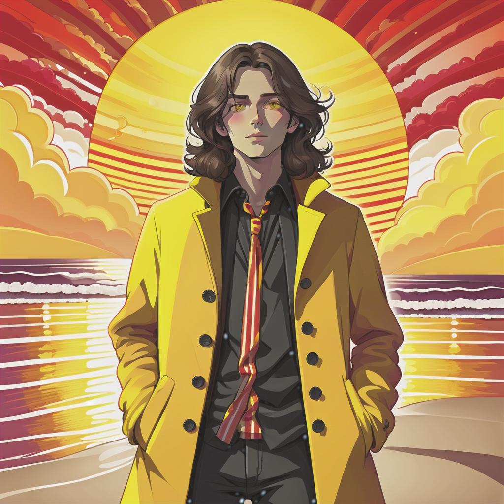  psychedelic style a young man stands on the beach with long dark brown hair that gently falls on his shoulders, and his face, with jewish and slavic features, radiates calm with brown eyes. he is dressed in a bright yellow coat that immediately attracts attention and contrasts with the surrounding landscape. under the coat is a black shirt, and black pants are additionally decorated with yellow elements, creating a harmonious and stylish image. the sun sets over the horizon, shrouding everything around in red shades, and bright red stripes lie on the surroundings contrasting with the darkness and creating a magical atmosphere. . vibrant colors, swirling patterns, abstract forms, surreal, trippy