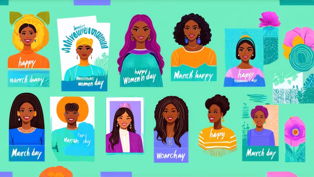  happy international women's day. march 8th. different races and nationalities. colored hand drawn vector illustrations. set of cards and seamless pattern ar 16:9 {prompt}, maximum details