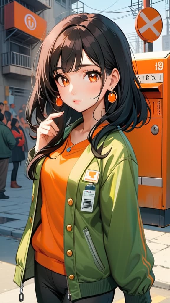  1girl, solo, outdoors, brown eyes, black hair, jacket, jewelry, mailbox, looking at audience, orange pants, construction, earrings, power cord, long sleeves, green jacket