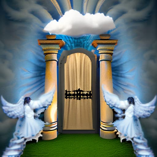 wa-vy style Clouds with gates and angels and light showing down