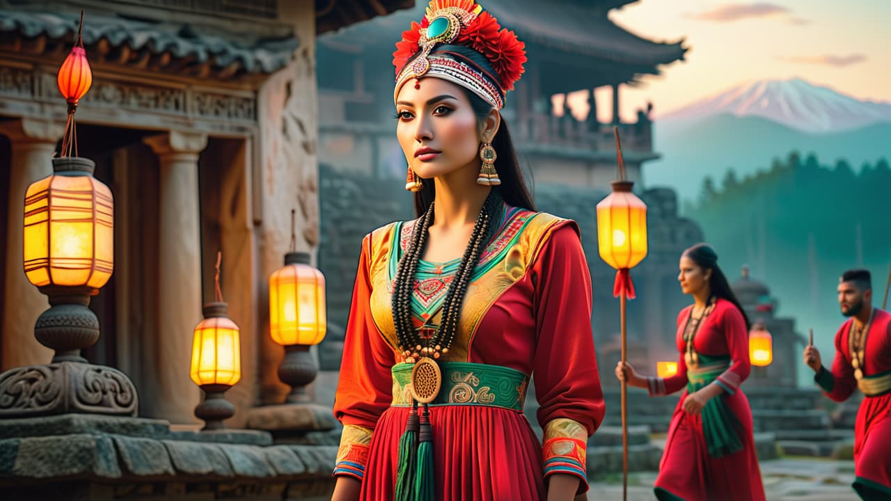  a vibrant collage of diverse cultural symbols: ancient ruins, traditional costumes, indigenous art, historic landmarks, and local festivals, all intertwined in a harmonious scene, showcasing the richness of cultural heritage and heritage tourism. hyperrealistic, full body, detailed clothing, highly detailed, cinematic lighting, stunningly beautiful, intricate, sharp focus, f/1. 8, 85mm, (centered image composition), (professionally color graded), ((bright soft diffused light)), volumetric fog, trending on instagram, trending on tumblr, HDR 4K, 8K