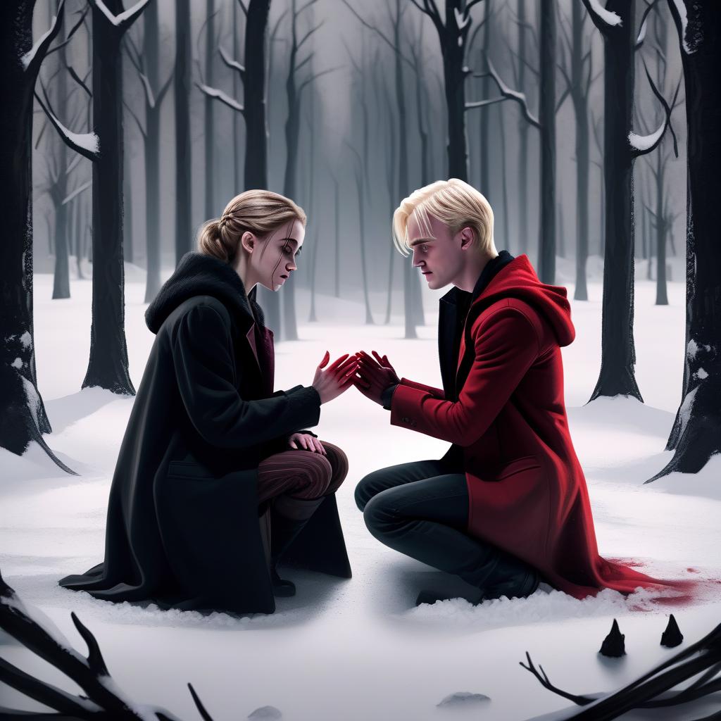  macabre style hermione granger and draco malfoy from the harry potter movie universe against the backdrop of a snowy forest. the picture should feel tension, fear. they sit on their knees and look at each other. the girl holds his hands and cries. their hands are stained in red . dark, gothic, grim, haunting, highly detailed