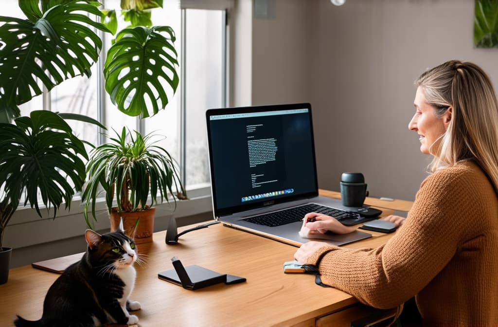  professional detailed photography, work from home woman working at her desk at home with cat and plants. modern home office concept. ar 3:2, (muted colors, dim colors, soothing tones), (vsco:0.3)