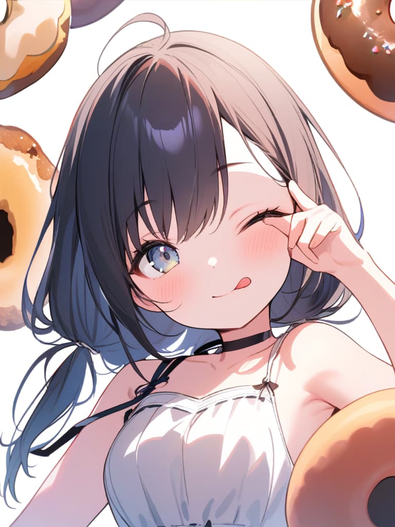  ultra detailed:1.2,masterpiece:1.2,best quality,masterpiece,bestquality,hdr:1.1,8k:1.1,very cute girl:1.3,(right hand up,holding middle size donut:1.4),(reaching right hand at viewer :1.4)((eye peeking through the middle size donut hole:1.8)),grin smile ,(close mouth:1.5),(tongue out:1.2),(frill sundress,ribbon strap:1.4),upper body:1.5,(face focus:1.4),(low twintail:1.5),(black hair:1.3),(white background color:1.4),ribbon choker:1.3,(head tilt:1.4),(looking at viewer:1.3)