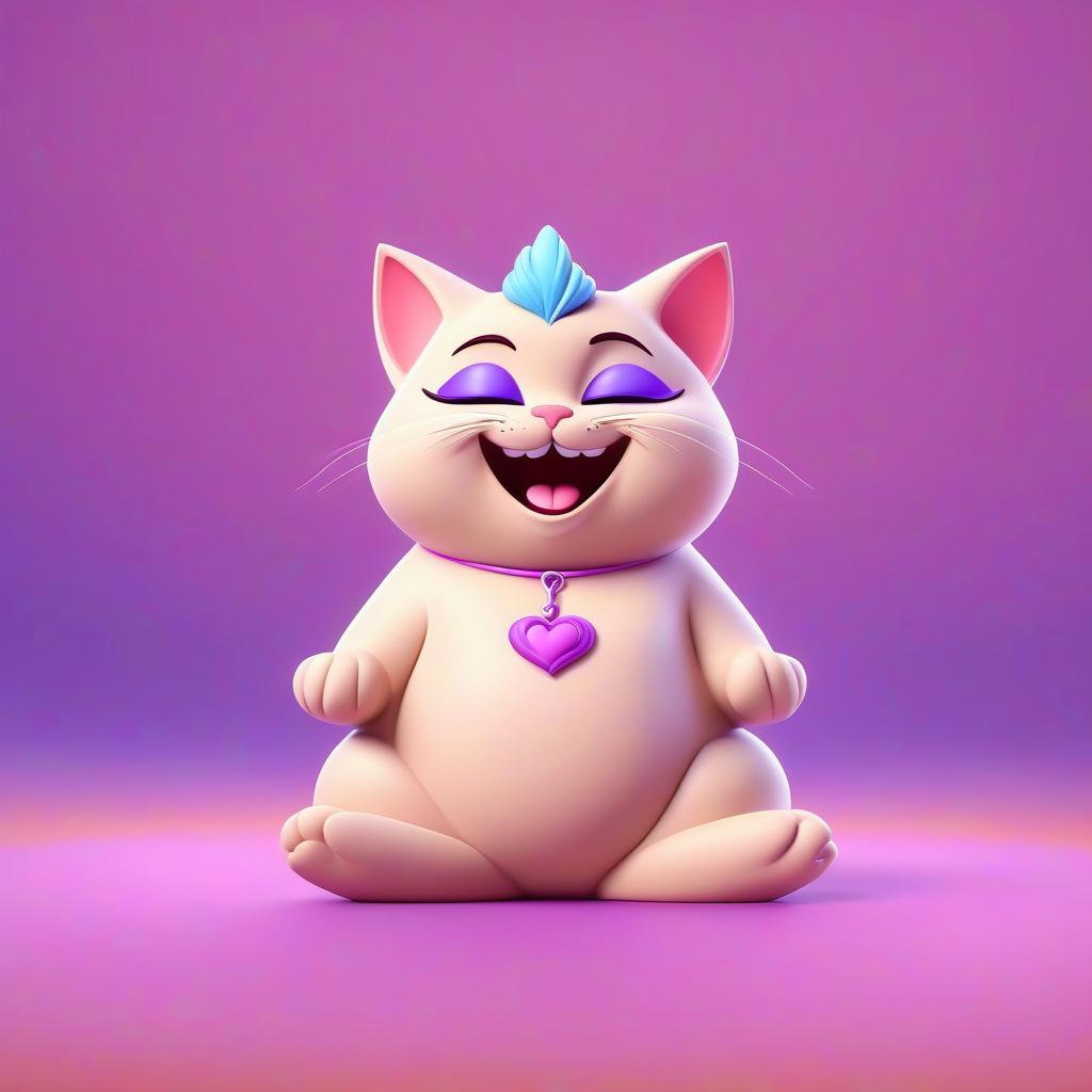  cute handsome beautiful fat fluffy creamy beige calm smiling kitty yoga is sitting in a lotus pose and meditating pink and blue and purple colors on the background disney cartoon style 3d, hq, 4k, realistic