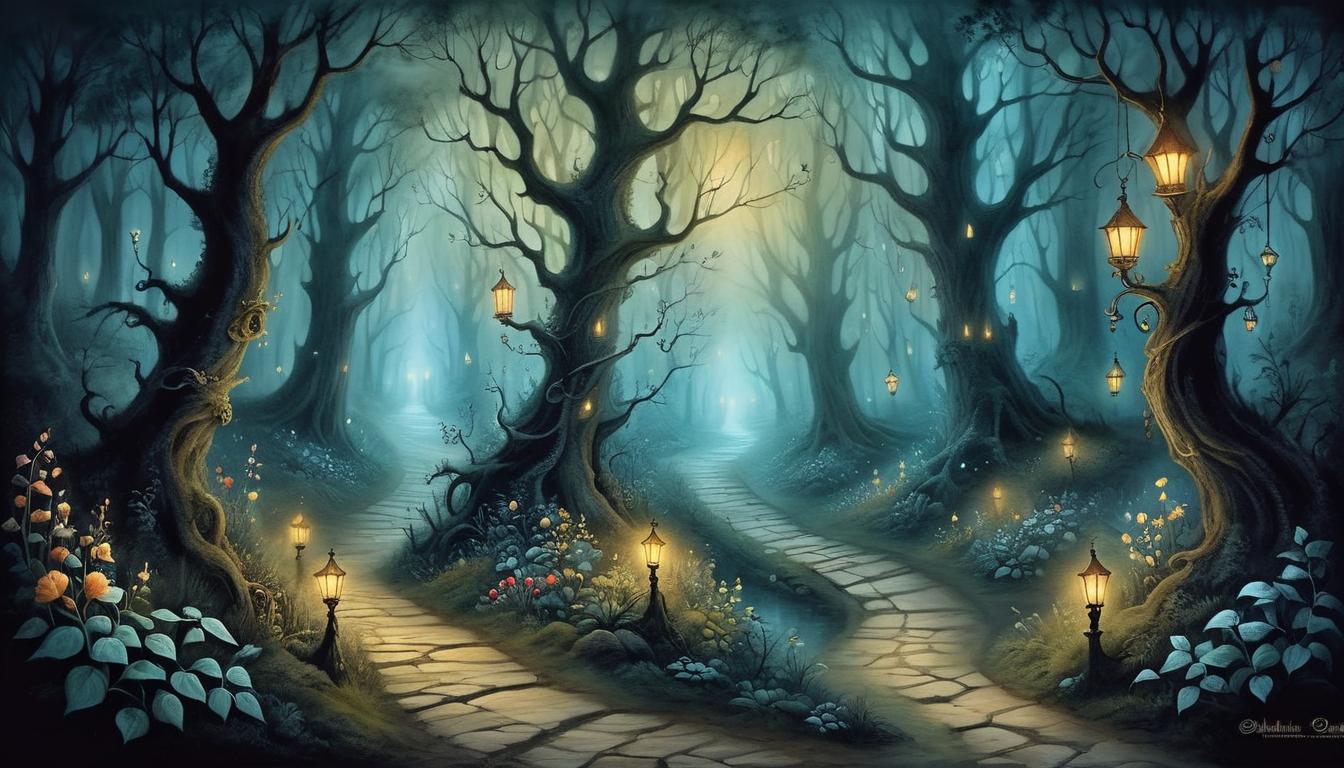  on parchment, surrealism+++, a winding path through a dark, enchanted forest, ethereal lights guiding the way, mysterious, beckoning(mysterious, provocative, symbolic,muted color)+++