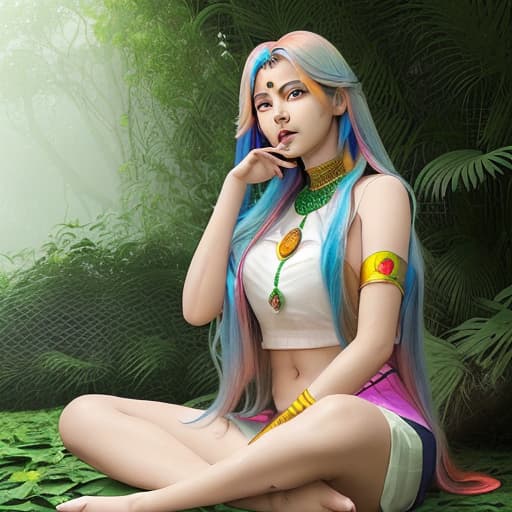  a 28age indian lady her hair rainbow color and she sitting in the circle it was covered by green leaves her face sexy reaction