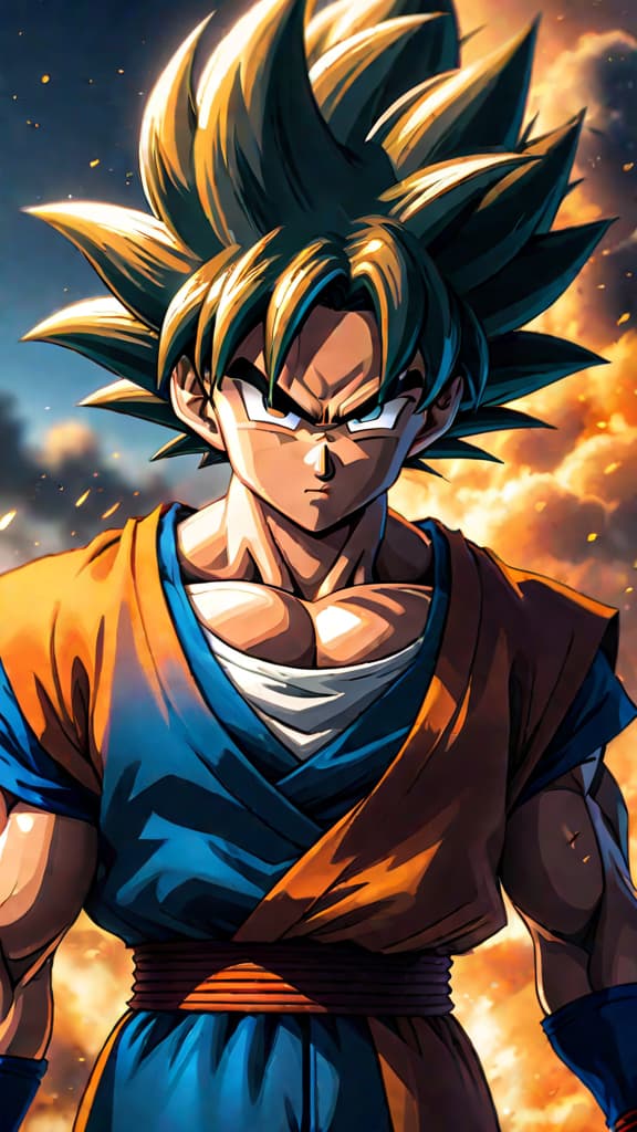  anime art: goku from dragon ball evolving through intense battles, always pursuing strength, not just for the thrill. hyperrealistic, full body, detailed clothing, highly detailed, cinematic lighting, stunningly beautiful, intricate, sharp focus, f/1. 8, 85mm, (centered image composition), (professionally color graded), ((bright soft diffused light)), volumetric fog, trending on instagram, trending on tumblr, HDR 4K, 8K