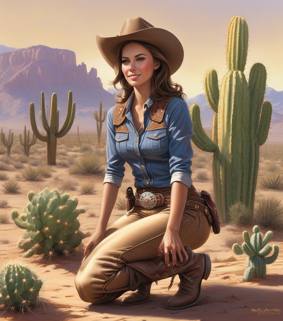  arafed woman in cowboy outfit kneeling in desert with cactus, female cowgirl, by mort künstler, by magali villeneuve, by pamela ascherson, highly detailed digital painting, cowgirl, western art, in stunning digital paint, western cowgirl, realistic digital painting, smiling woman, photorealistic digital painting, ultradetailed digital painting