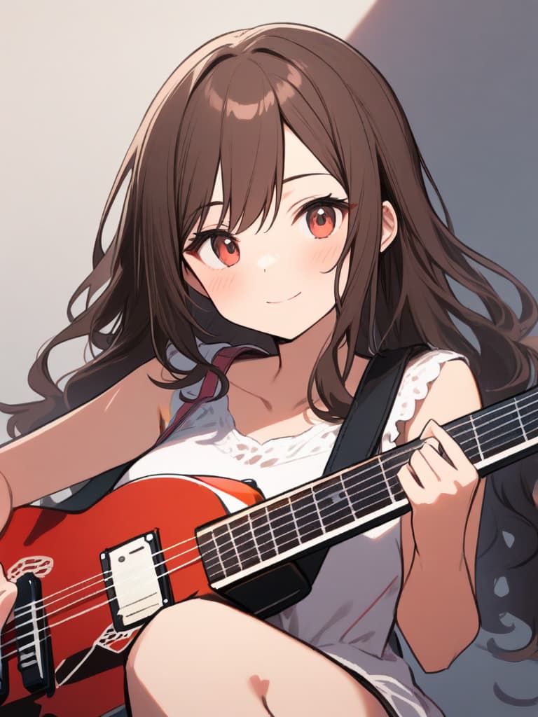  (beautiful girl:1.5)(brown hair:1.5)(long hair:1.7)(wavy hair:1.5)(with a electric guitar:1.7){in orange dress:1.5}(smile){playing guitar happily:1.7} master piece,high quality,16k,super analysis,correct finger position,correctnumber of