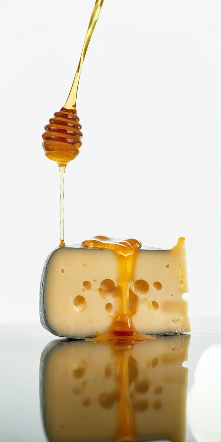  food photography style cheese is watered with honey, there is a reflection from cheese, white background . appetizing, professional, culinary, high resolution, commercial, highly detailed, film photography style