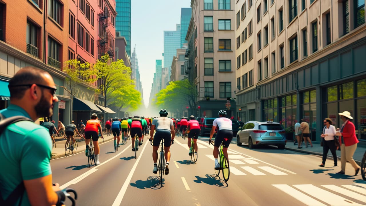  a bustling cityscape with diverse cyclists navigating through traffic, showcasing bike lanes, vibrant street art, and pedestrians. include various bike styles, from commuters in business attire to casual riders with backpacks, against a backdrop of urban architecture. hyperrealistic, full body, detailed clothing, highly detailed, cinematic lighting, stunningly beautiful, intricate, sharp focus, f/1. 8, 85mm, (centered image composition), (professionally color graded), ((bright soft diffused light)), volumetric fog, trending on instagram, trending on tumblr, HDR 4K, 8K